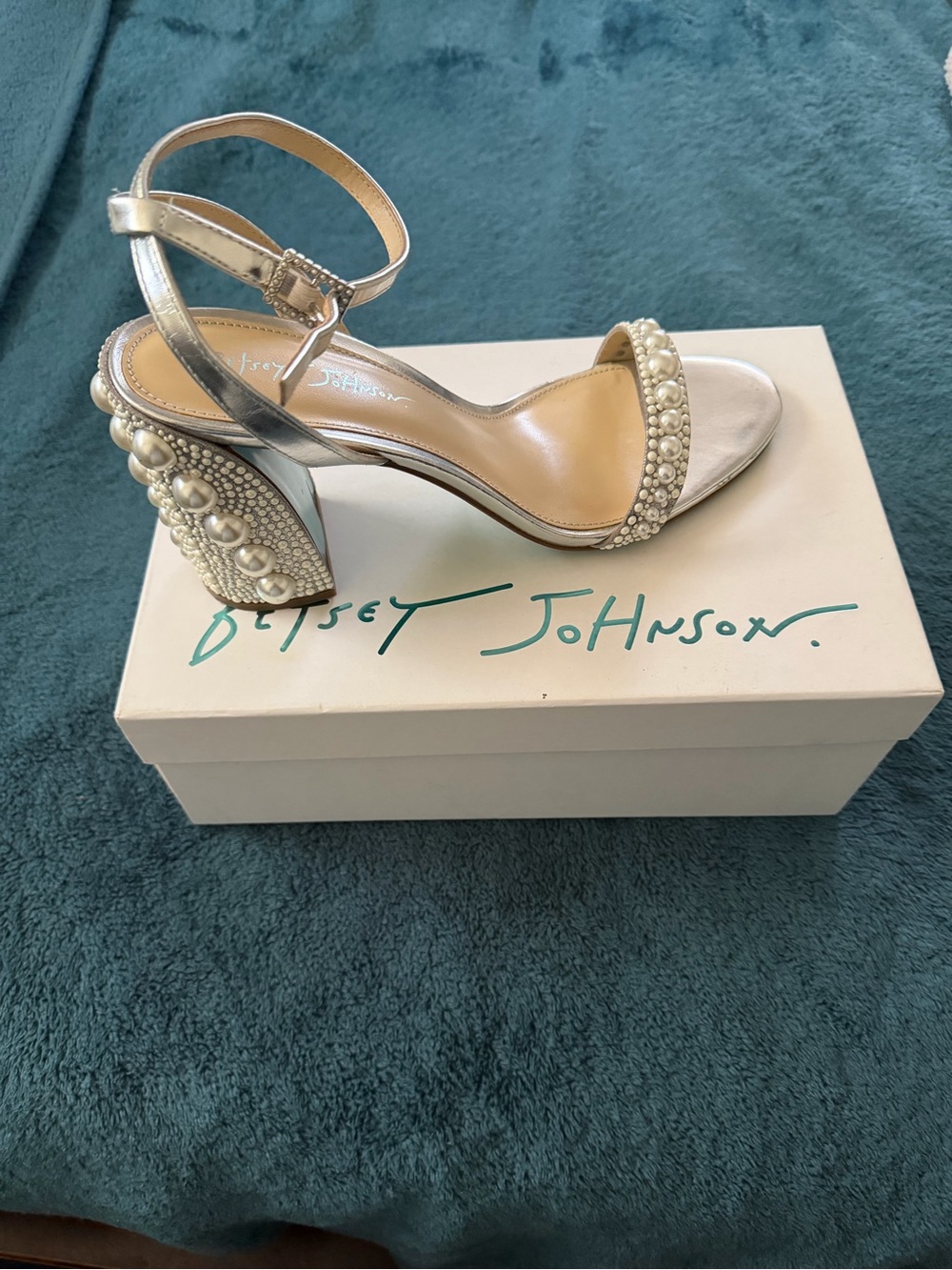 Betsey Johnson Silver Pearl-Embellished Block Heel Sandals